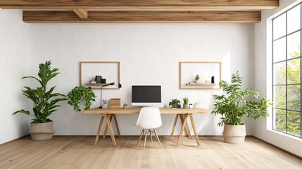 Fototapeta premium Modern Minimalist Home Office with Plants and Wooden Accents