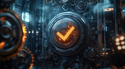 Elevate Your Space with a Striking Poster: A Luminous Checkmark on a Shield Surrounded by Gears, Merging Technology and Artistry in an Industrial Landscape for Sports Interiors