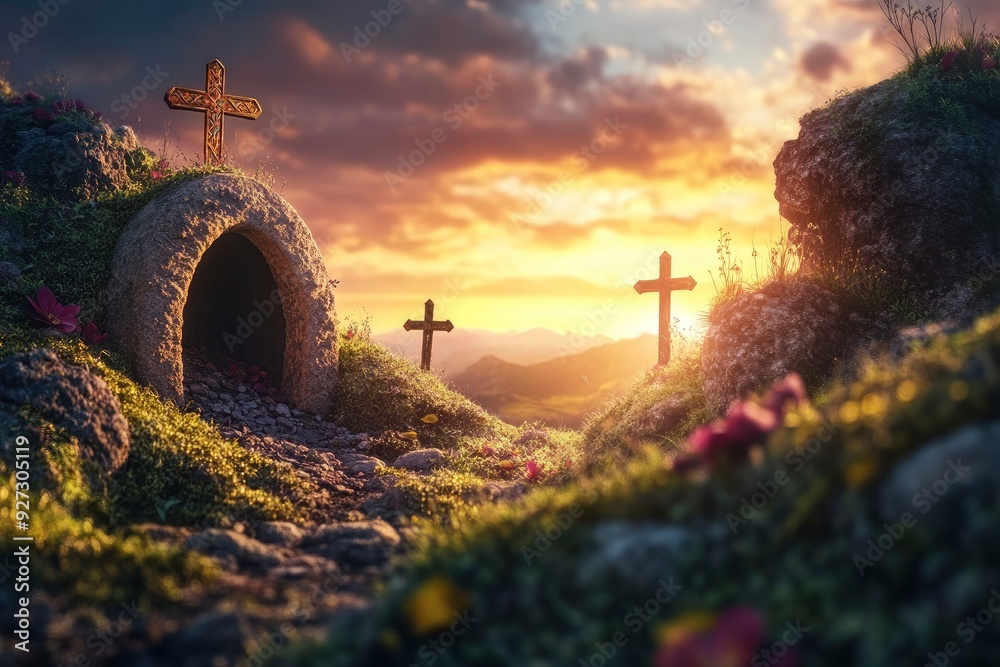 Wall mural Empty Tomb With Crucifixion At Sunrise - Resurrection Concept , ai