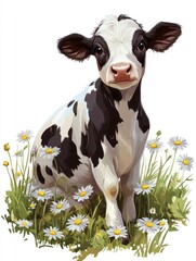 A cute black and white calf standing in a field of daisies.