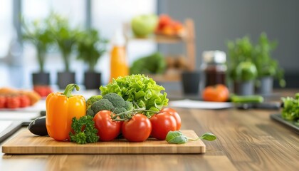 Colorful fresh vegetables, including bell peppers, tomatoes, and lettuce, arranged on a cutting board in a modern kitchen, highlighting healthy eating.