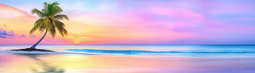 Obraz premium A peaceful sunset over a deserted island with calm waves and a lone palm tree, Watercolor, Warm hues, Tranquil setting, Solitude