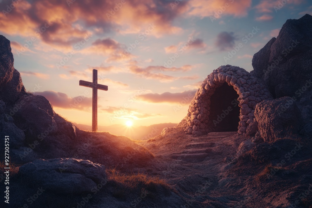 Wall mural Empty Tomb With Crucifixion At Sunrise - Resurrection Concept , ai