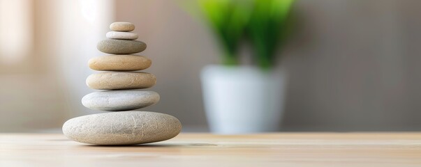 Obraz premium Stacked smooth stones arranged on a wooden surface, with blurred greenery in the background, symbolizing balance, calm, and natural harmony.