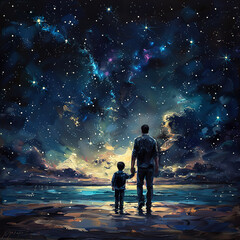 Fototapeta premium Father and Son Silhouetted Against a Starry Night Sky