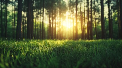 Fototapeta premium Sunset in Forest with Green Grass