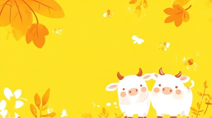 Naklejka premium Two adorable white cows with red horns stand side by side against a yellow background with orange leaves and white flowers.
