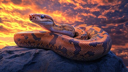 Fototapeta premium Stunning Boa Constrictor Poster: Capture the Majestic Beauty of a Golden-Brown Snake Against a Dramatic Sunset Sky - Perfect for Sporty Interiors and Nature Lovers!