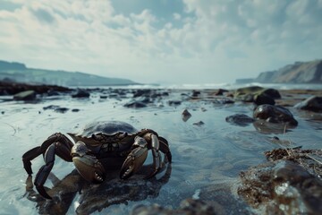 Solitary crab navigates the serene landscape of a rocky beach, with calm sea and cloudy skies in the backdrop