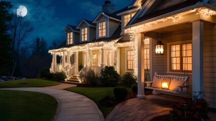 An exterior view of a beautiful home, adorned with twinkling fairy lights and warmly glowing windows.