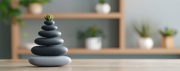 Obraz premium A balanced stack of black stones topped with a small succulent, set against a modern interior background with potted plants.
