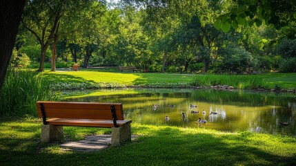 Serene Park Scene: Ducks, Pond, and a Wooden Bench