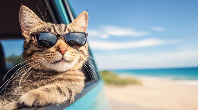 Cat Wearing Sunglasses in Car by the Beach