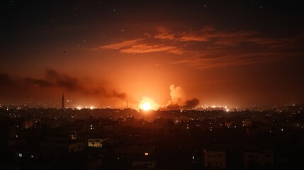 Cityscape at Night with Explosion in the Distance