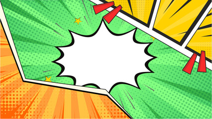 Green comic background. Green comic strip background with green comment box. Green comic-style book background with Comic Explosion fast and flash style. © nawee