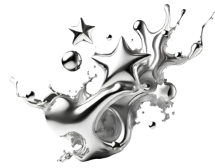 3d chrome metal organic fluid shapes and stars. Abstract liquid mercury Splash. Generative AI.