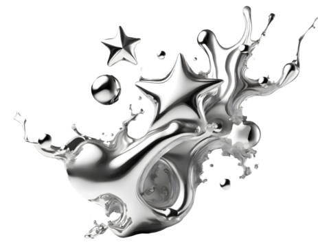 3d chrome metal organic fluid shapes and stars. Abstract liquid mercury Splash. Generative AI.