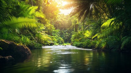 Tranquil Rainforest River: Lush Greenery and Serene Waters 1