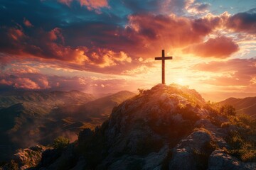 Fototapeta premium In the beauty of Biblical Christianity, the sunset flare highlights the Cross of Jesus on the mountaintop, standing tall as a powerful symbol, ai