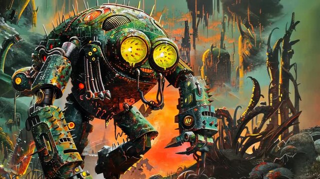 Giant retro raypunk style sci-fi robot machine walking in slow motion in a strange planet animation
