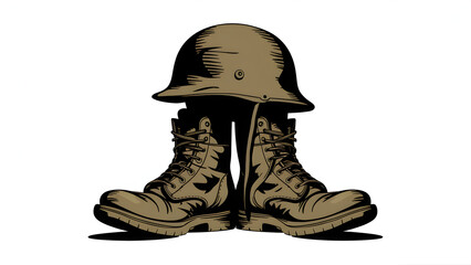 A soldier s helmet and boots memorial display
