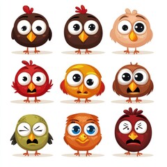 Fototapeta premium Nine cute cartoon birds with different emotions and colors.