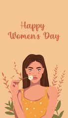  International Women's Day. Vector holiday card with 8 March banner, girl in flowers, Feminism concept, women empowerment, gender equality for website, booklet, flyer, banner