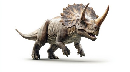 Fototapeta premium 3D rendering of a realistic triceratops dinosaur isolated on a white background, showcasing detailed textures and a fierce stance.