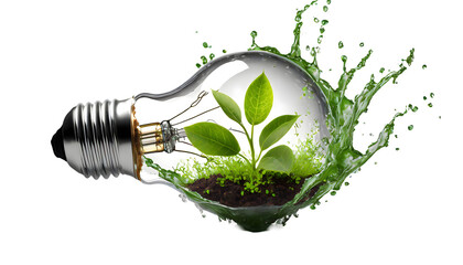 3d light bulb with plant inside Splash on a white isolated background. Generative AI.