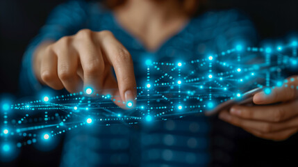Naklejka premium Person interacting with digital network hologram concept..