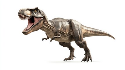 A detailed 3D rendering of a fierce Tyrannosaurus rex with an open mouth, displaying sharp teeth, and a powerful stance.