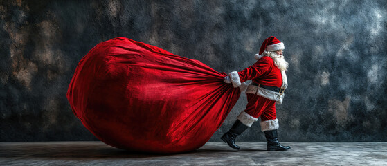 Santa claus carrying huge bag full of christmas presents