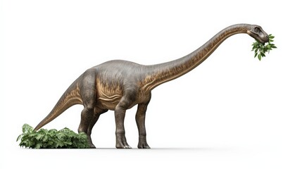 Obraz premium A detailed illustration of a Brachiosaurus eating leaves, showcasing its long neck and massive body in a natural pose.