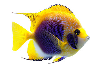 Vibrant tropical fish with striking yellow and purple colors, showcasing its beauty in an underwater setting.