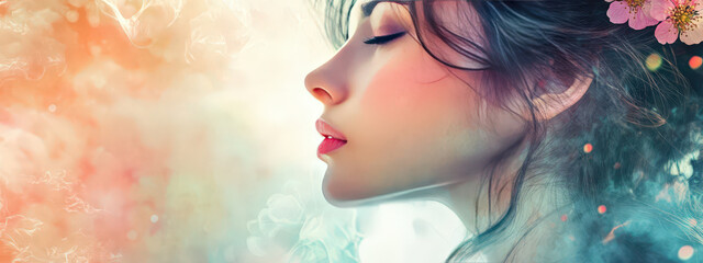 A woman with a flower in her hair is shown in a colorful background