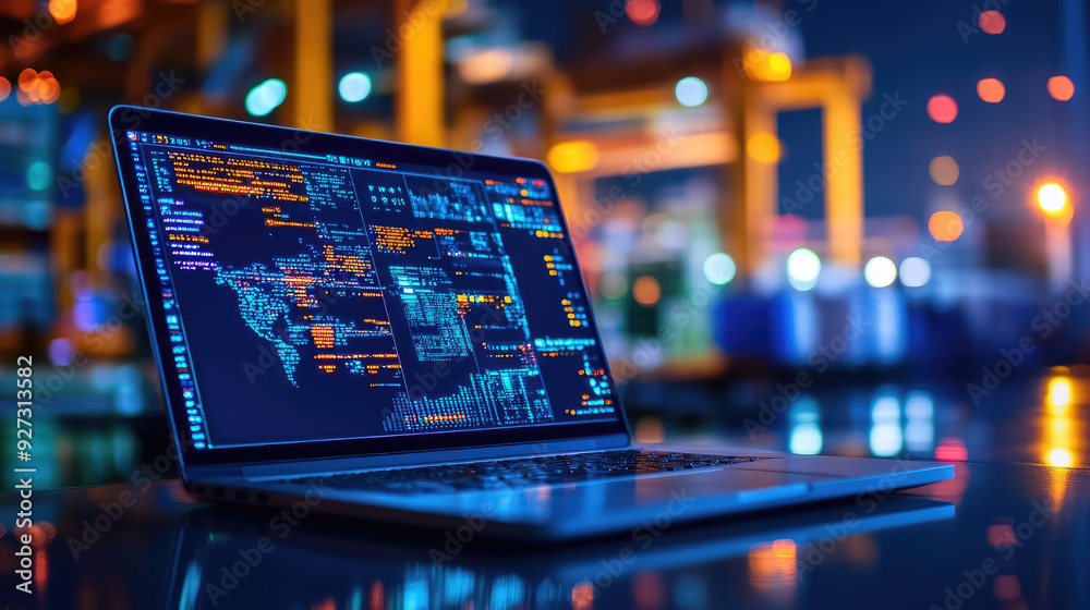 Wall mural laptop showing code with world map on screen in industrial setting