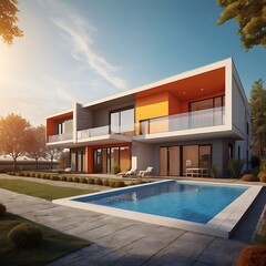 Fototapeta premium Rendering house model with bright background, luxury modern house on grass with sea view and blue sky background, modern home cross section, beautiful residential house render