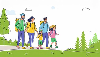 Fototapeta premium continuous line drawing happy family is hiking in the forest. Father, mother and child
