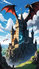 Fantasy landscape with fantasy castle and dragon flying in the sky - illustration for children
