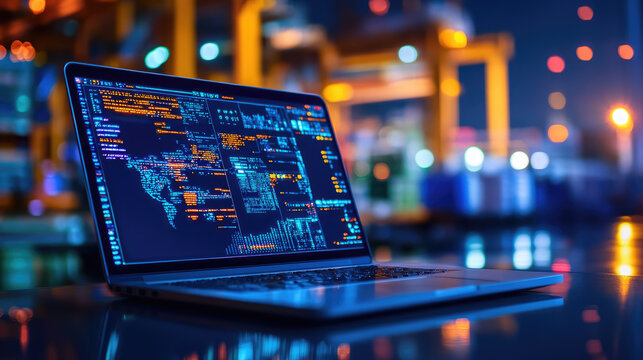 Laptop showing code with world map on screen in industrial setting