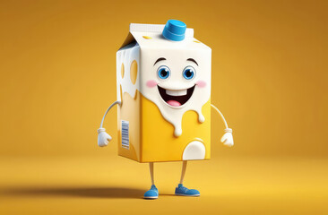 Naklejka premium cute illustrated milk box with arms, legs and smiling face on yellow background, healthy beverage