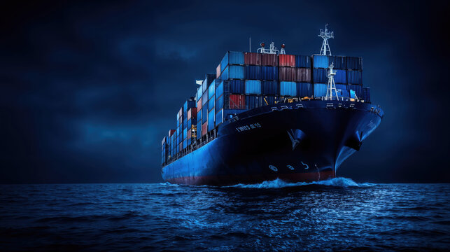 Large container ship sailing at night on the ocean - Powered by Adobe