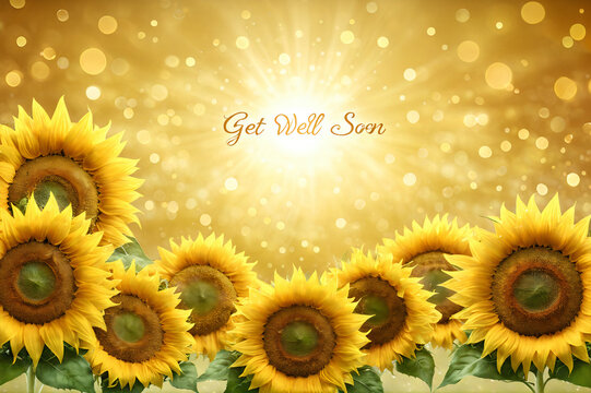 Get well soon card with a heartwarming bouquet of sunflower conveying wishes for speedy recovery.

