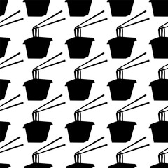 A red box with noodles and chopsticks sticking out of it. Fast food. Traditional Asian noodles. Udon. Hand drawn vector illustration. pattern seamless background print ornament black silhouette