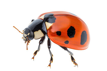 Fototapeta premium A vibrant close-up of a ladybug showcasing its striking red shell and distinctive black spots, perfect for nature enthusiasts.