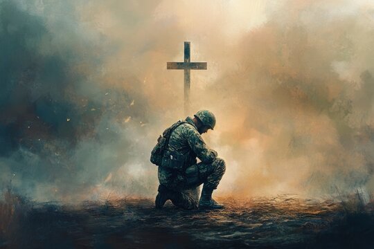 Powerful faith! Christian soldier kneels in prayer, cross looming in the backdrop. Embrace divine strength with this captivating digital painting , ai