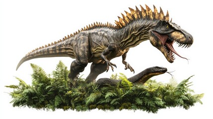 Fototapeta premium A fierce, roaring dinosaur with sharp teeth and spiky back, standing in a green forest setting with another dinosaur lying down.
