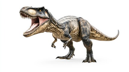 Fototapeta premium A fierce T-Rex dinosaur roaring, showcasing impressive teeth and strong build. Ideal for prehistoric, nature, and wildlife themes.