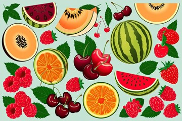Vibrant Fruit Collection Featuring Melon Cherries and Raspberries Illustration