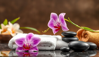 Spa orchid with soft towels and massage stones setting isolated with white highlights, png